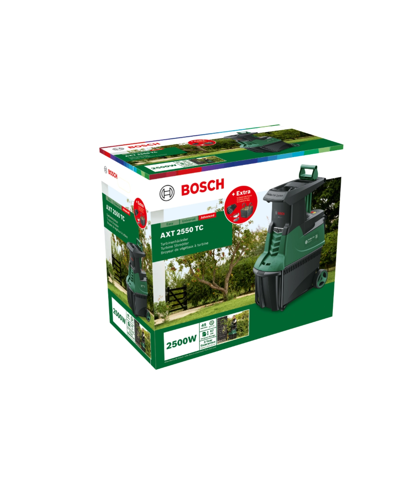 Broyeur de végétaux Bosch AXT 2550 TC – Puissant 2500 W, Silencieux & Compact | Broyage rapide et sans effort